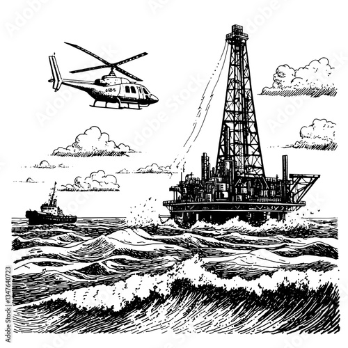 Intricate black and white engraving of an offshore oil rig surrounded by turbulent waves and a helicopter above