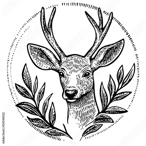 Elegant vintage deer illustration surrounded by lush foliage showcasing exquisite engraving techniques