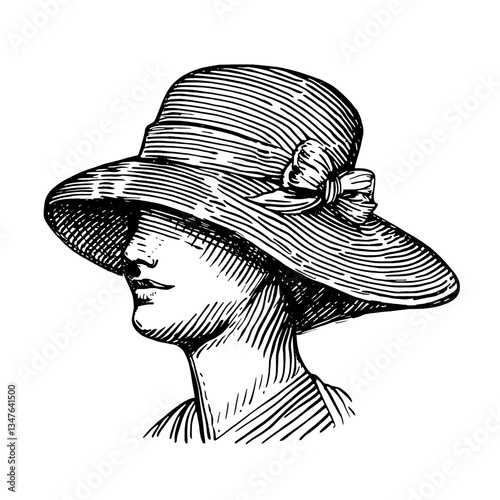Elegant vintage illustration of a woman wearing a stylish hat adorned with a bow in a sophisticated black and white design