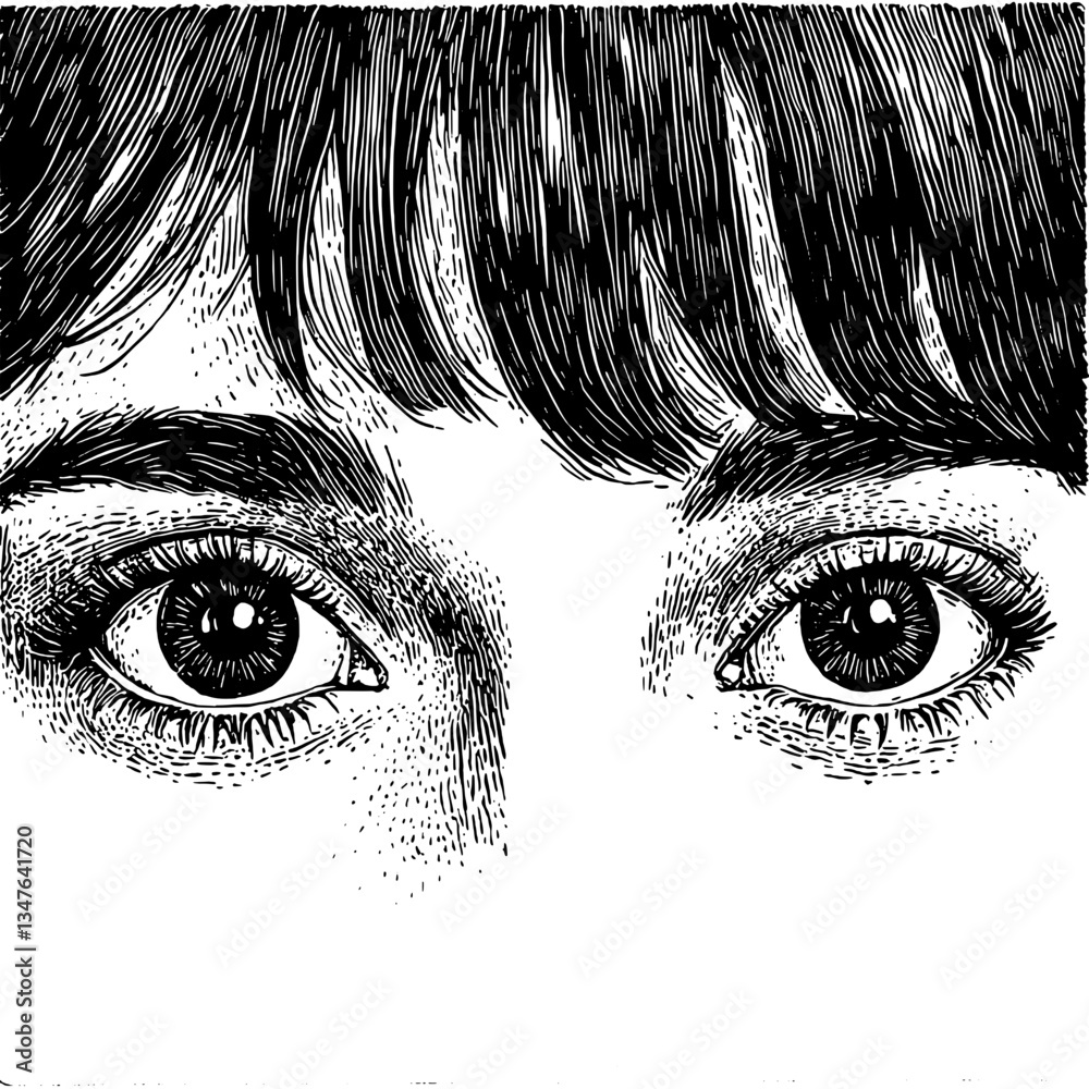 Fototapeta premium Intricate hand-drawn engraved illustration of expressive eyes capturing deep emotion and vintage charm in black and white