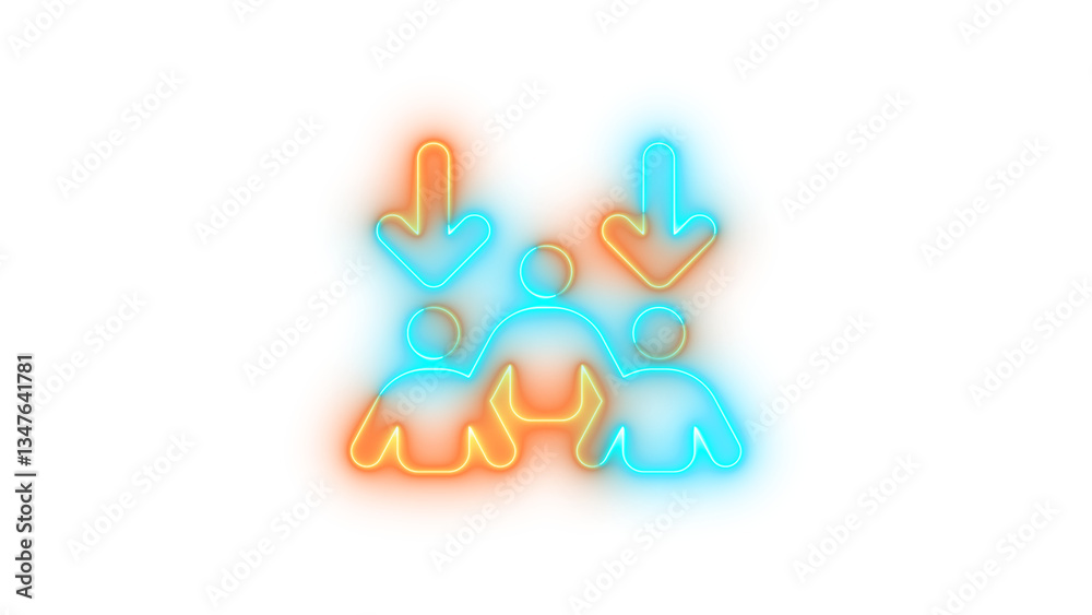 Fototapeta premium Neon arrows down to people symbol icon brown cyan color glowing with transparent background