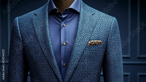 Elegant Men's Blue Suit with Intricate Texture and Gold Accents