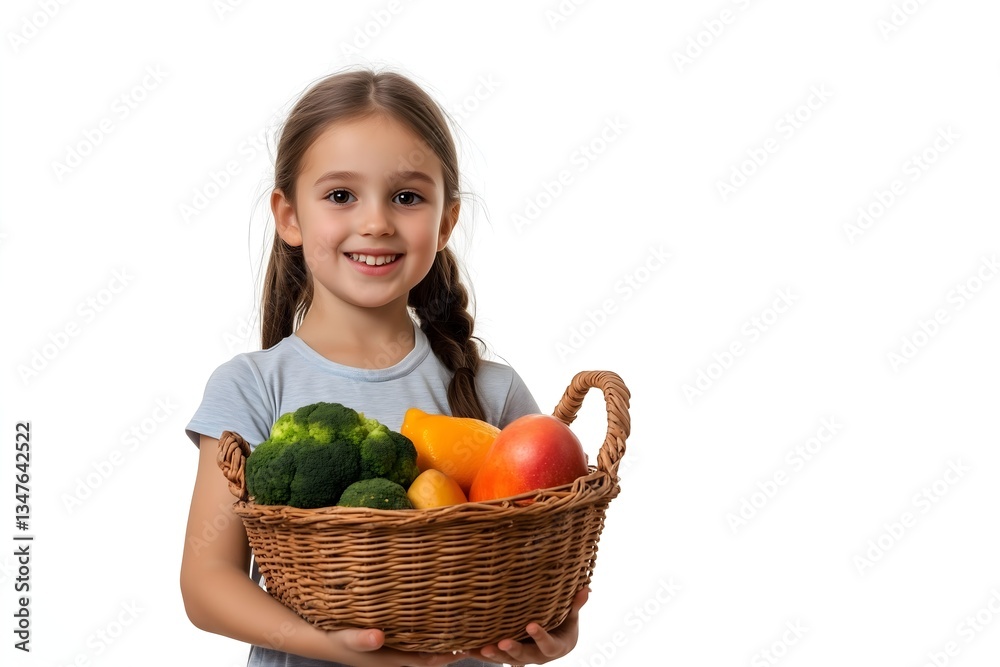 happy little girl holding a basket full of fresh vegetables on white background happy little girl holding a basket full of fresh vegetables on white background
