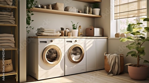 A photo of a renovated laundry room with storage.