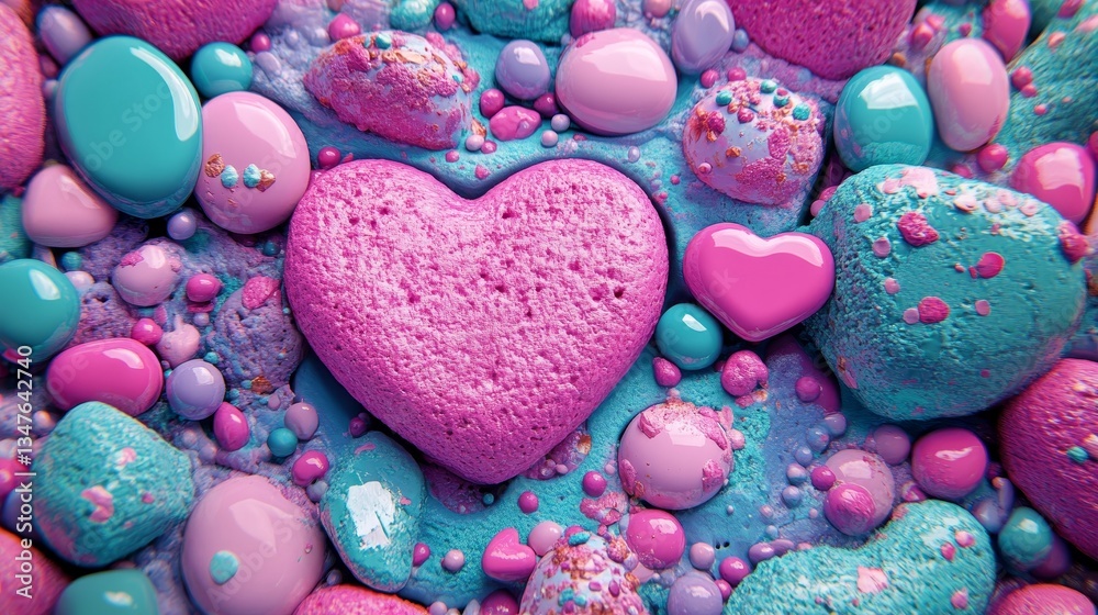 Obraz premium This Valentine's Day wallpaper boasts a 3D rendered background of intertwined hearts in pink, green, and aqua, creating a colorful and lively atmosphere