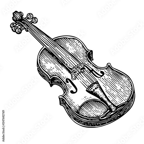 Engraved illustration of a vintage violin showcasing intricate details and artistic craftsmanship in hand-drawn style