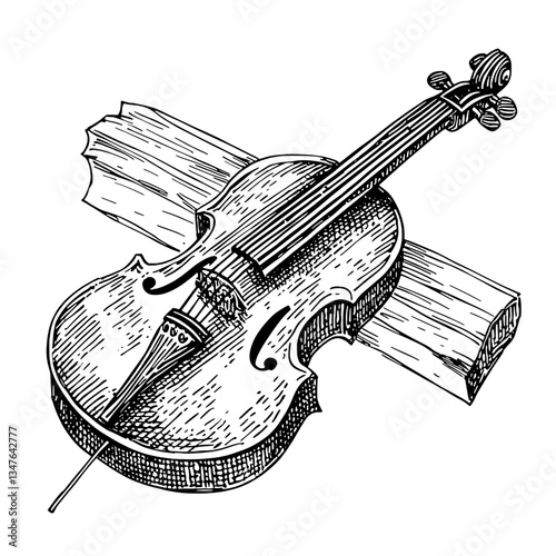 Intricate hand-drawn vintage illustration of a violin resting on wooden planks, capturing the artistry of musical craftsmanship
