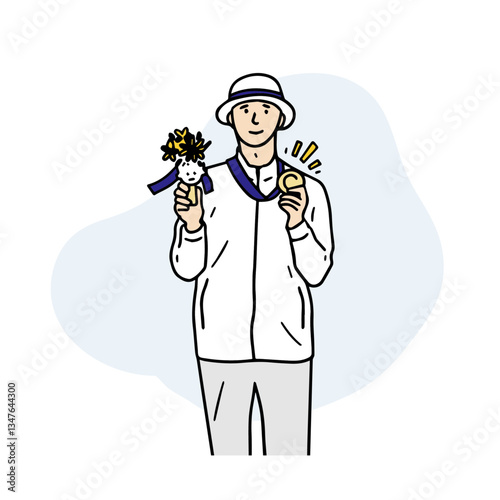 Happy athlete celebrating victory with gold medal around his neck. Medallion athlete at the Olympics. Hand drawn vector element.