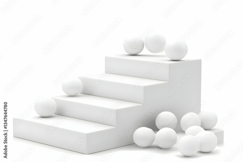 White spheres rolling down stairs; progress concept; white background; website banner White spheres rolling down stairs; progress concept; white background; website banner