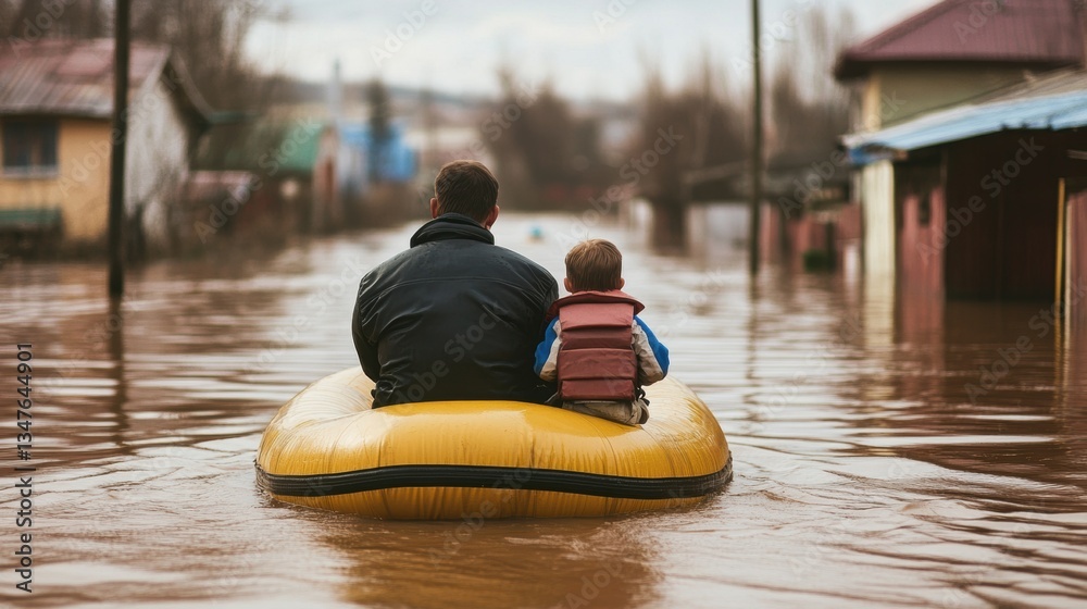Victim of flood disaster in lifeboat in flood water.
