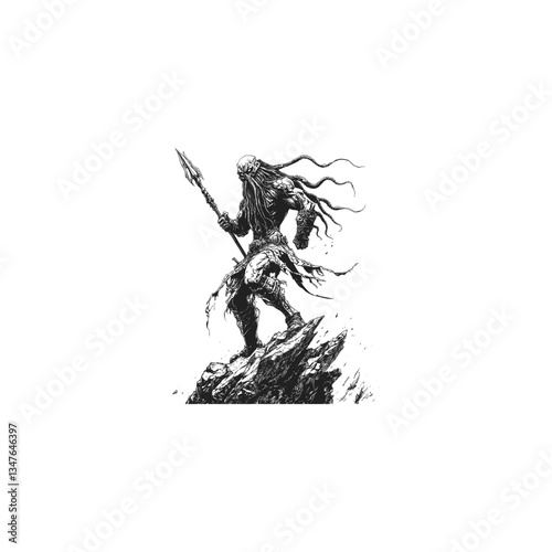Cthulhu warrior standing holding trident design vector template illustration