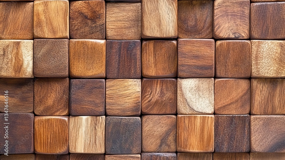 Fototapeta premium A soft sheen wall background with square tiles is depicted in a 3D render, which also features 3D wallpaper with wood and timber blocks