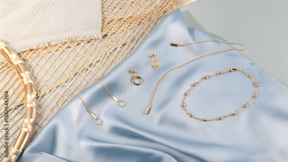 Fototapeta premium Delicate gold jewelry a smooth satin fabric re