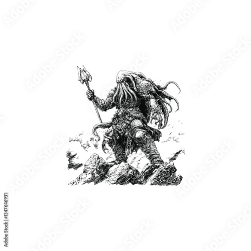Cthulhu warrior standing holding trident design vector template illustration