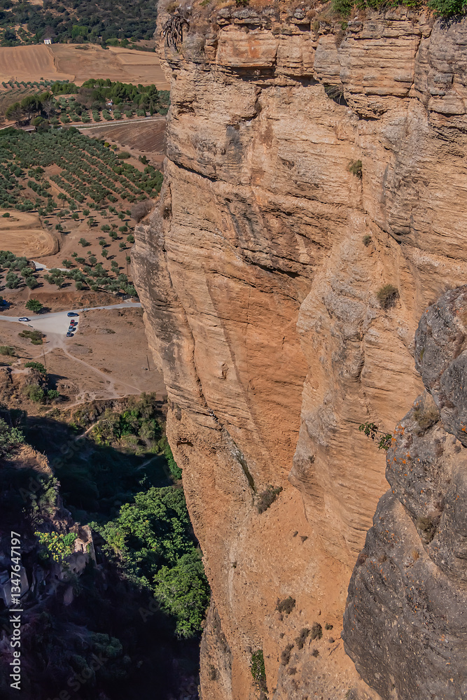 The rocky, sheer-sided limestone cliffs of Ronda Gorge (El Tajo de Ronda) plummet 390 feet (120 meters) to Guadalevin River. Ronda, Province of Malaga, Spain.