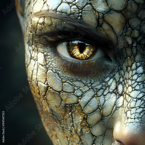 Close-up of a reptilian woman, reptilian woman's face, reptilian eyes,