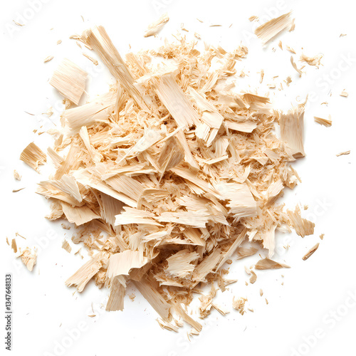 
Sawdust, wood shavings lying on the floor, white background