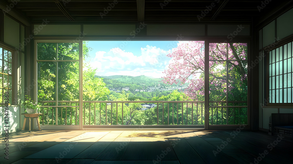 Obraz premium Pixel Art Japanese Interior With Cherry Blossom View