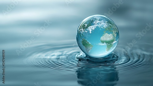 Global water conservation Earth globe on water, ripples spreading, blue background.  Use environmental awareness campaign