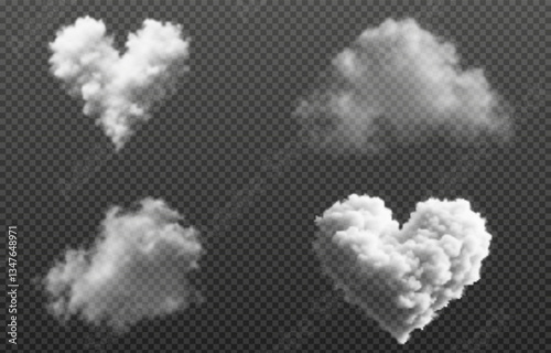 Vector realistic cloud with heart, smoke or fog on isolated transparent background. Cloud png. Smoke png