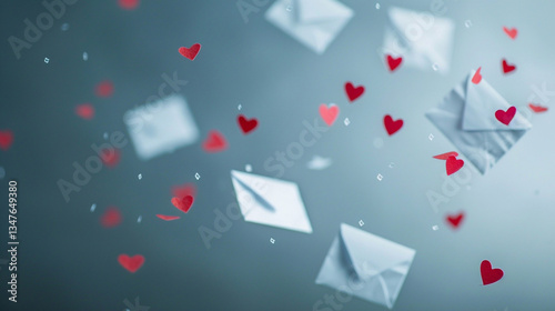 Love letters floating through the air with red hearts during a romantic celebration