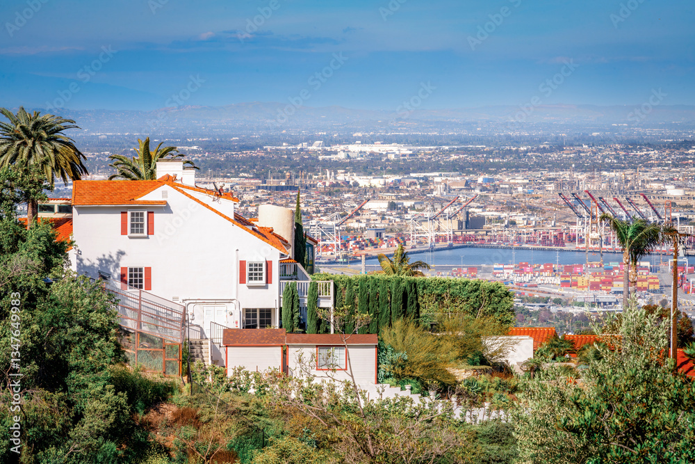 Neighborhoods with small roads and homes overlooking Los Angeles and the Port of Los Angeles during a bright, beautiful clear Springtime day