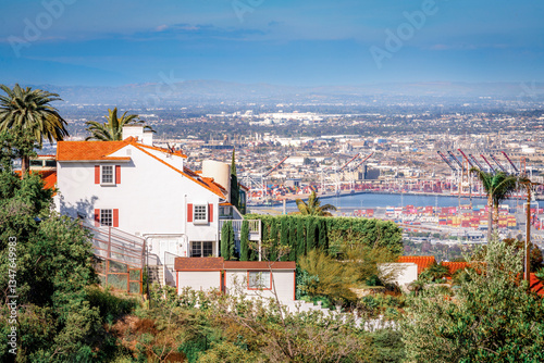 Obraz na płótnie Neighborhoods with small roads and homes overlooking Los Angeles and the Port of Los Angeles during a bright, beautiful clear Springtime day w salonie