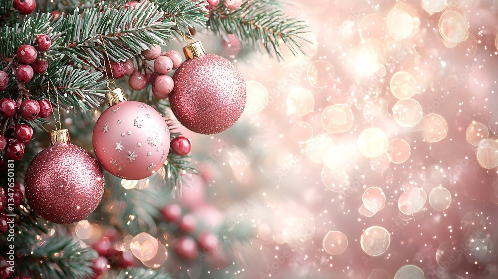 Pink Christmas ornaments on tree branch, bokeh background, festive holiday season, greeting card design Pink Christmas ornaments on tree branch, bokeh background, festive holiday season, greeting card design
