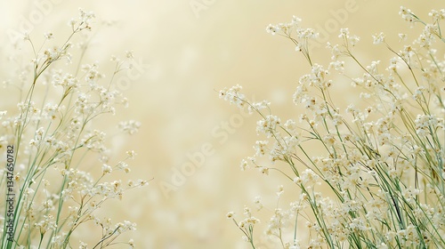 Soft white wildflowers, gently swaying, blurred background, peaceful nature scene, perfect for greeting cards