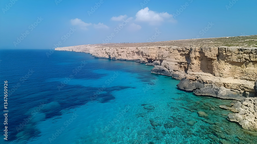 Aerial View Of A Rocky Coastline With Turquoise Waters And A Blue Sky In A Sunny Day Aerial View Of A Rocky Coastline With Turquoise Waters And A Blue Sky In A Sunny Day