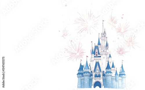A kingdom of magic and wonder, featuring a fairy tale princess castle accompanied by fireworks in an illustration