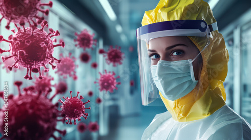 Healthcare worker in protective gear during infectious disease outbreak in a medical facility