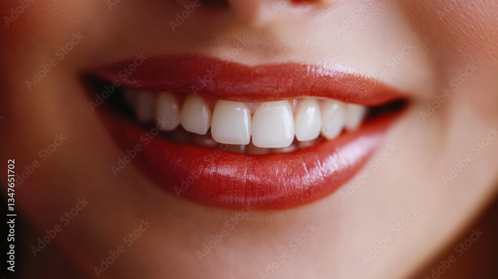 Obraz premium Bright smile showcases healthy teeth and vibrant lipstick in close-up view with natural lighting