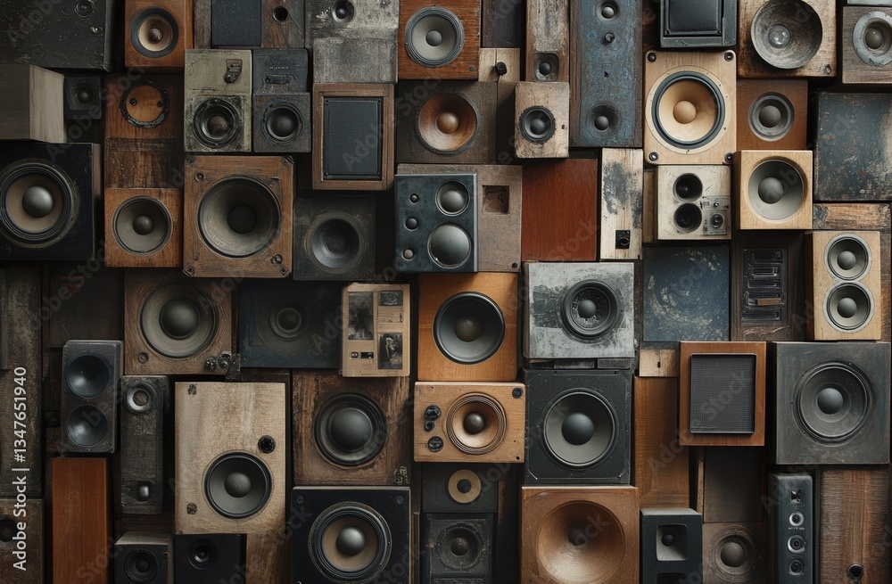 Obraz premium Monochrome vintage style music speakers adorn the wall