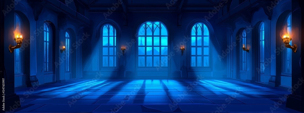 Fototapeta premium A magic castle features a hall with torches and candles, stained glass windows, and stone walls