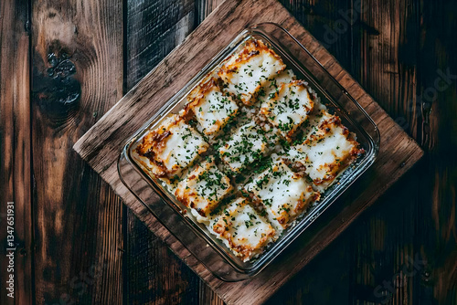 Lasagna in glass dish on wooden board