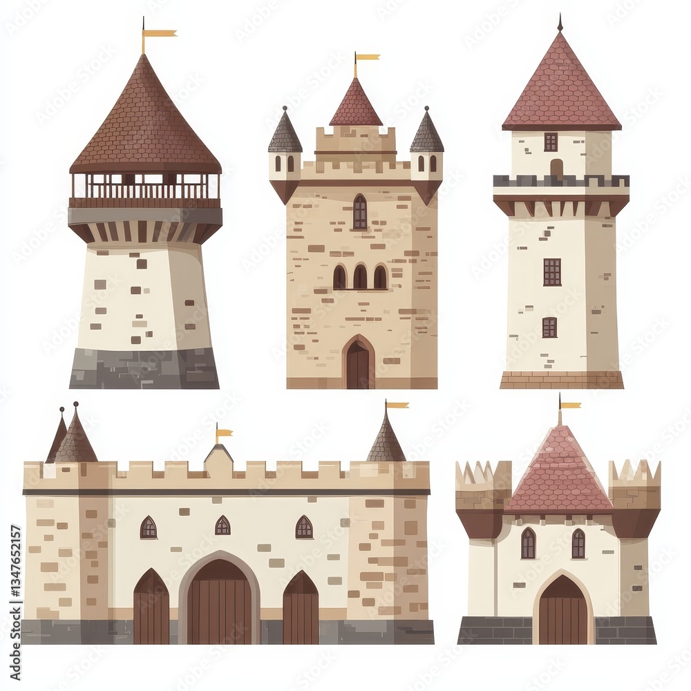 Fototapeta premium Collection of medieval castle towers featuring magic fantasy fortresses, isolated turrets, and brick towers with ramparts and windows