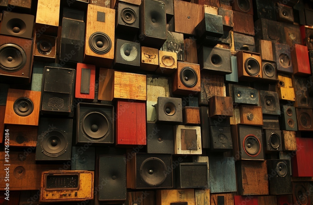 Obraz premium The wall features music speakers in a monochrome vintage style