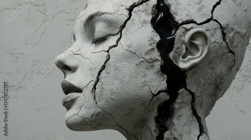 The face of a woman is depicted with a fractured and shattered look, conveying a sense of desperation and hopelessness as she clings to her sense of self