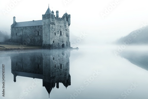 A grand stone castle rises high and proud on a misty lake with its reflection visible in the water