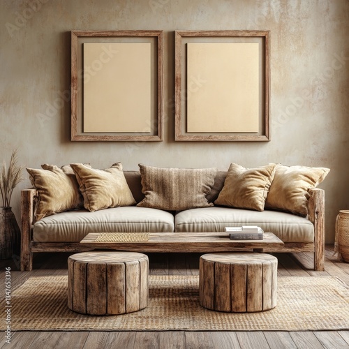 A 3D interior design of a modern living room includes two blank frames for posters