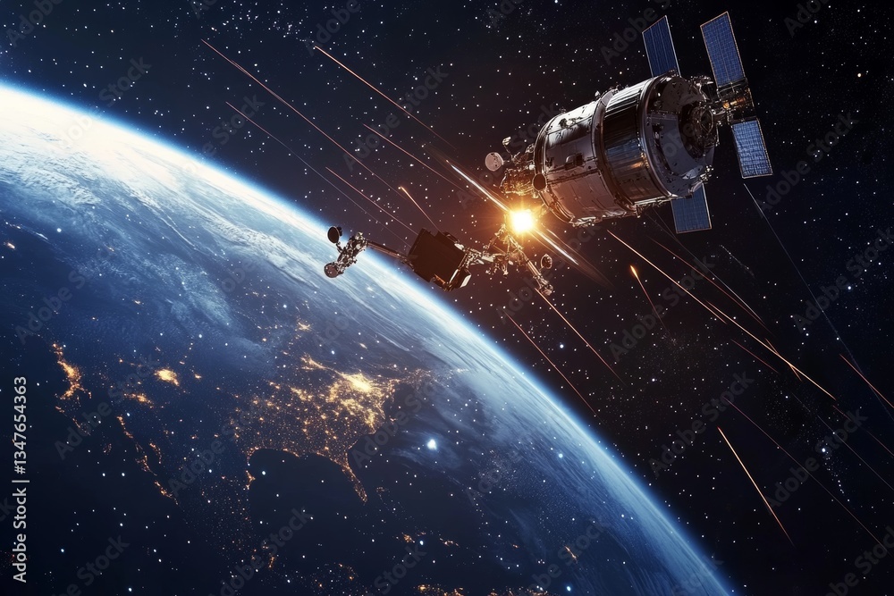 Fototapeta premium Satellite orbiting earth with glowing atmosphere and starry sky