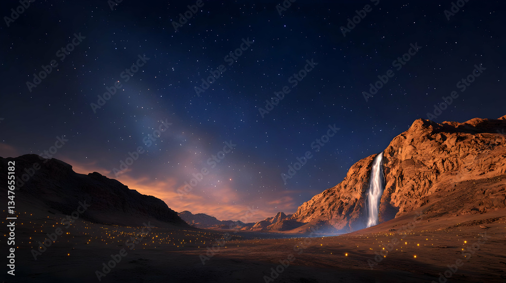 Obraz premium Majestic Waterfall Cascading Down Rocky Canyon Under Starry Night Sky Illuminated With Golden Glow