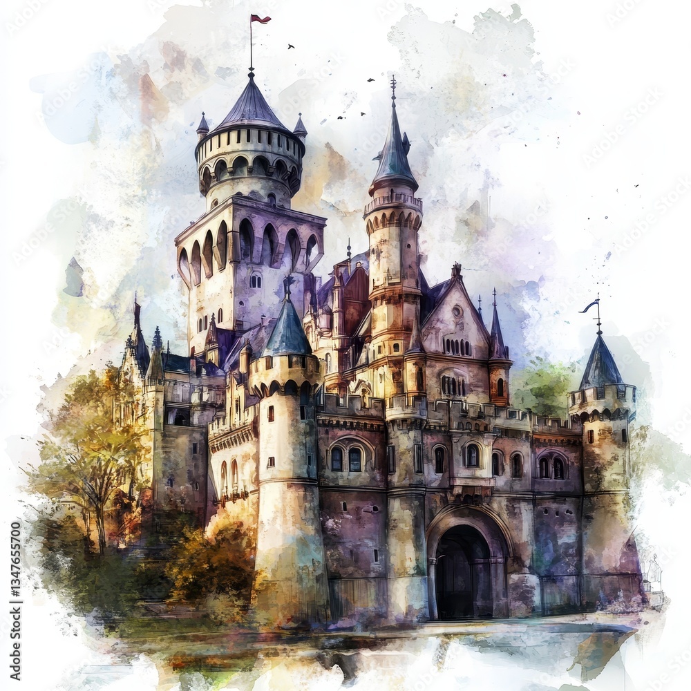 Fototapeta premium Castle of fairy tale proportions featuring towers and fanciful architectural design