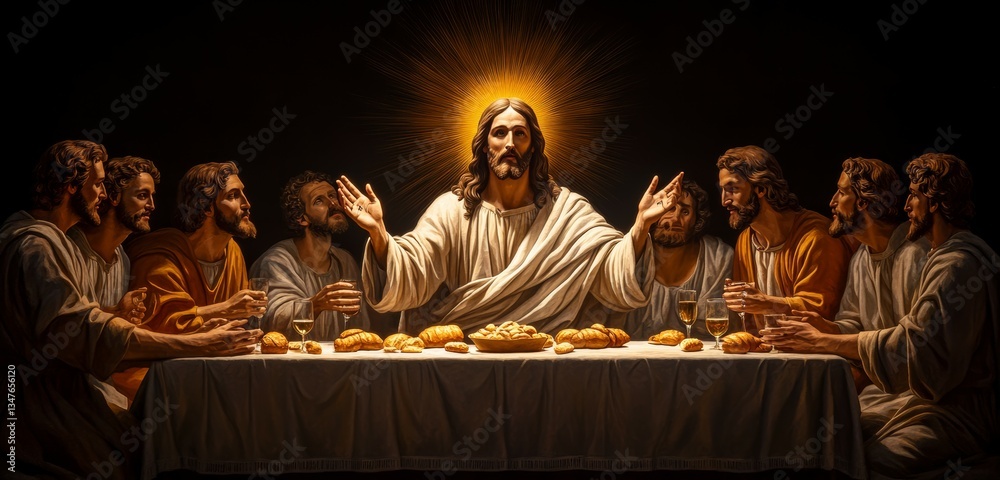 custom made wallpaper toronto digitalJesus Christ at the center of a gathering, surrounded by His disciples at a table, sharing bread and wine, symbolizing the Last Supper and the moment of unity and sacrifice