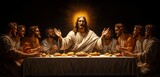 Jesus Christ at the center of a gathering, surrounded by His disciples at a table, sharing bread and wine, symbolizing the Last Supper and the moment of unity and sacrifice