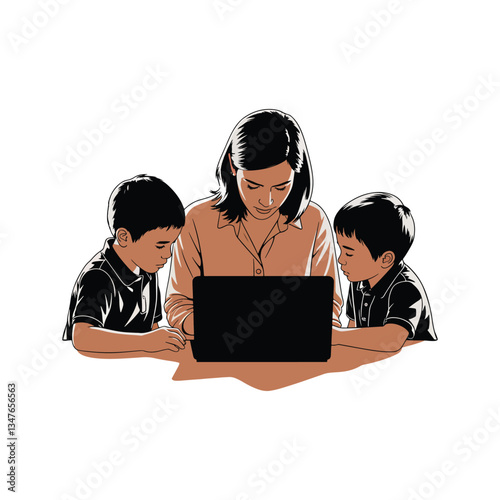 Mother and Two Children Learning Together on Laptop: Family Digital Bonding