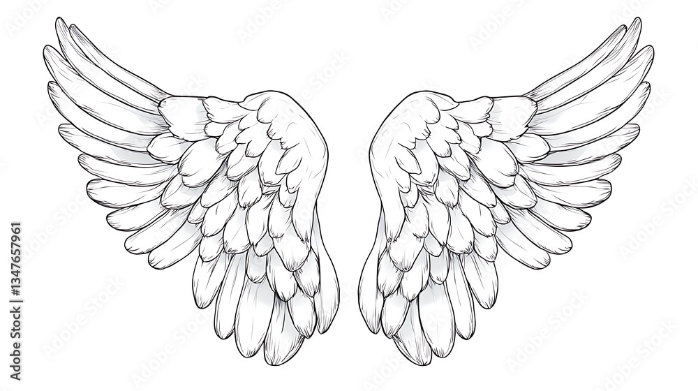 Obraz premium Angelic Wings with Sketch, and White Background.