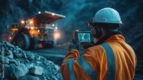 Mining worker inspecting a massive truck with thermal scanner for maintenance purposes