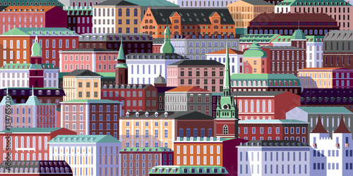 Detailed city landscape with colorful traditional European classical buildings, roofs, spires, towers, churches and houses. Hand drawn vector illustration. Can be used for posters, banners, postcards.